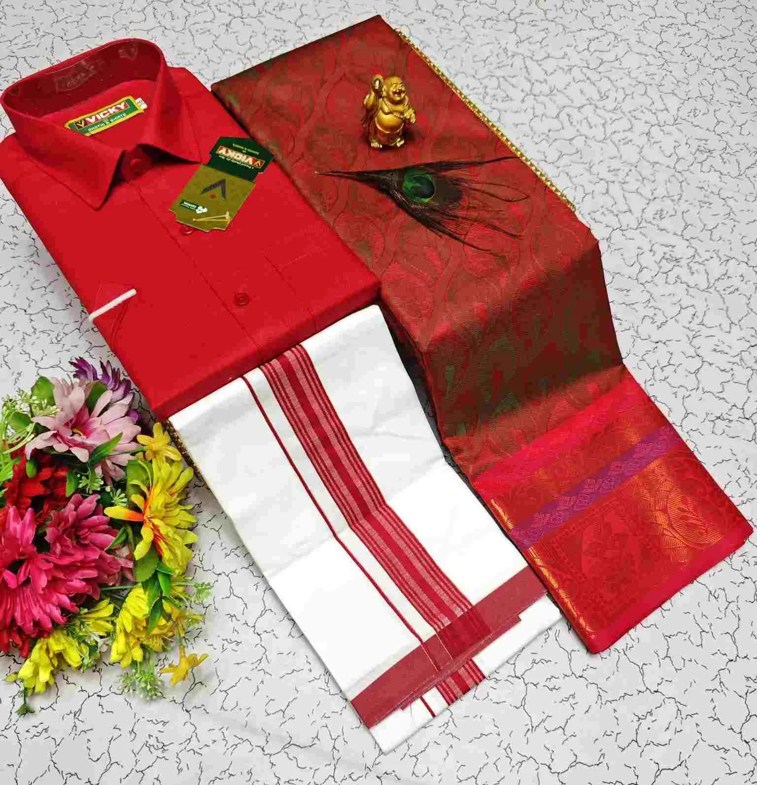 Kumkum Crimson 3D Embossed Contrast Karizma Silk Couple Combo